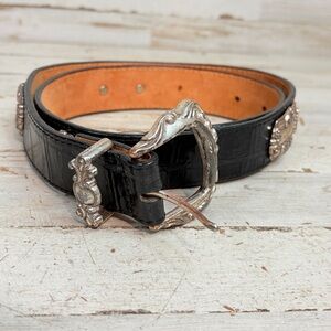 1993 Brighton Croc Embossed Leather Belt L42203 Black Silver Western Buckle